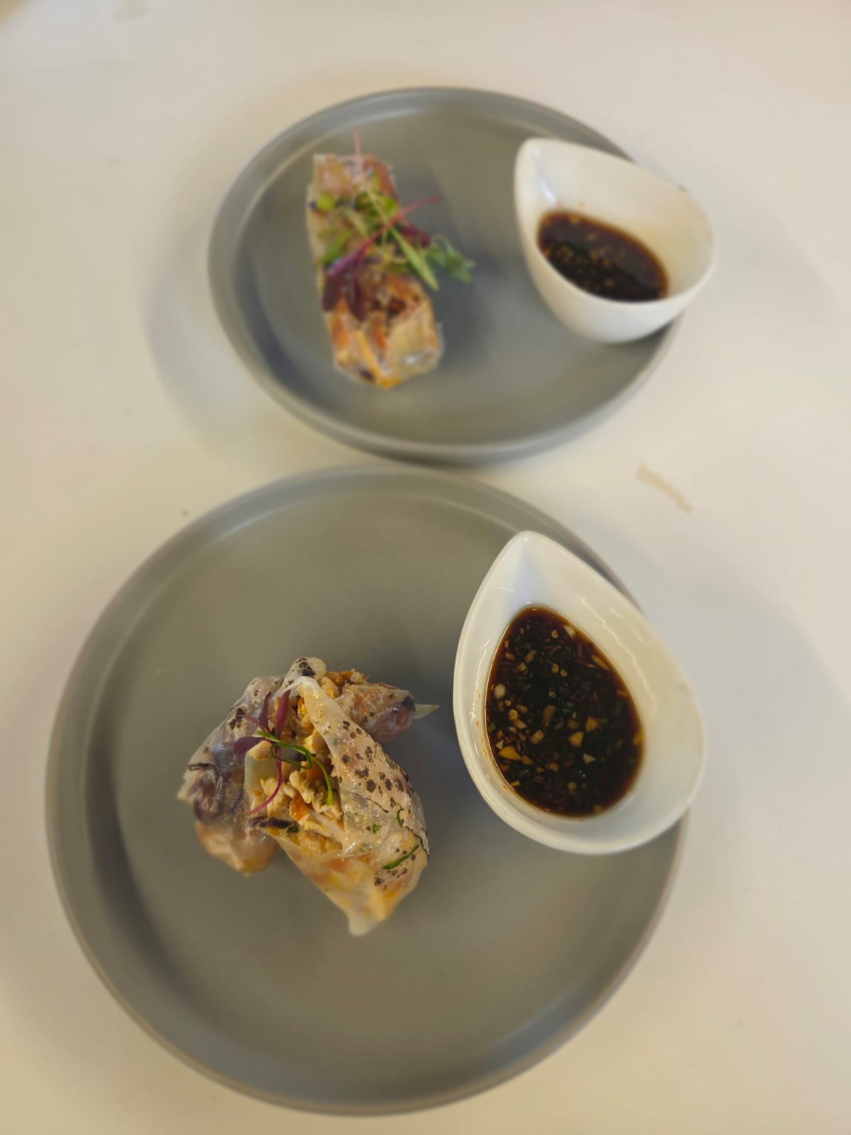 Dim sum with slaw and dipping sauce